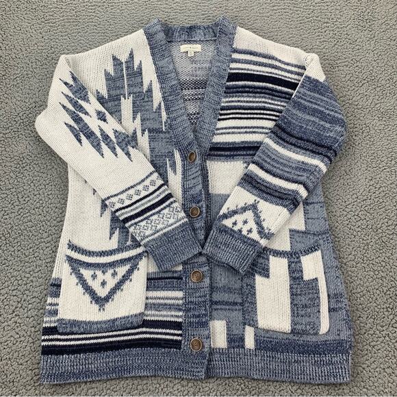 Lucky Brand Blue/White Aztec Print Button-Down Sweater - Picture 4 of 16